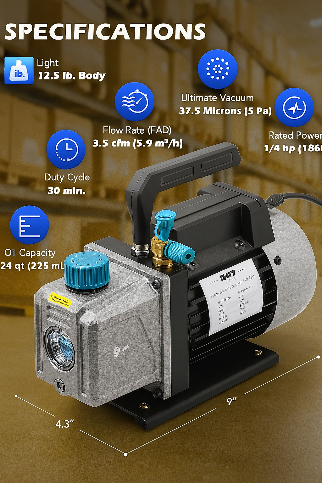 Pompe à Vide Orion Motor Tech – 3,5 CFM – 1/4 HP – R12/R22/R134a/R410a – Huile Incluse